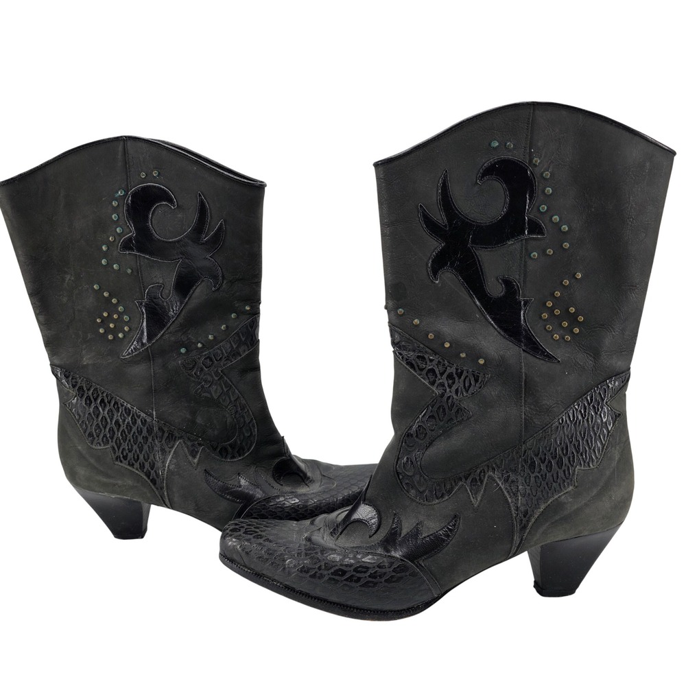 Vintage Black Leather Boots Cowboy Western 7.5 N Studs Cone Heel Urban Boho 80s
